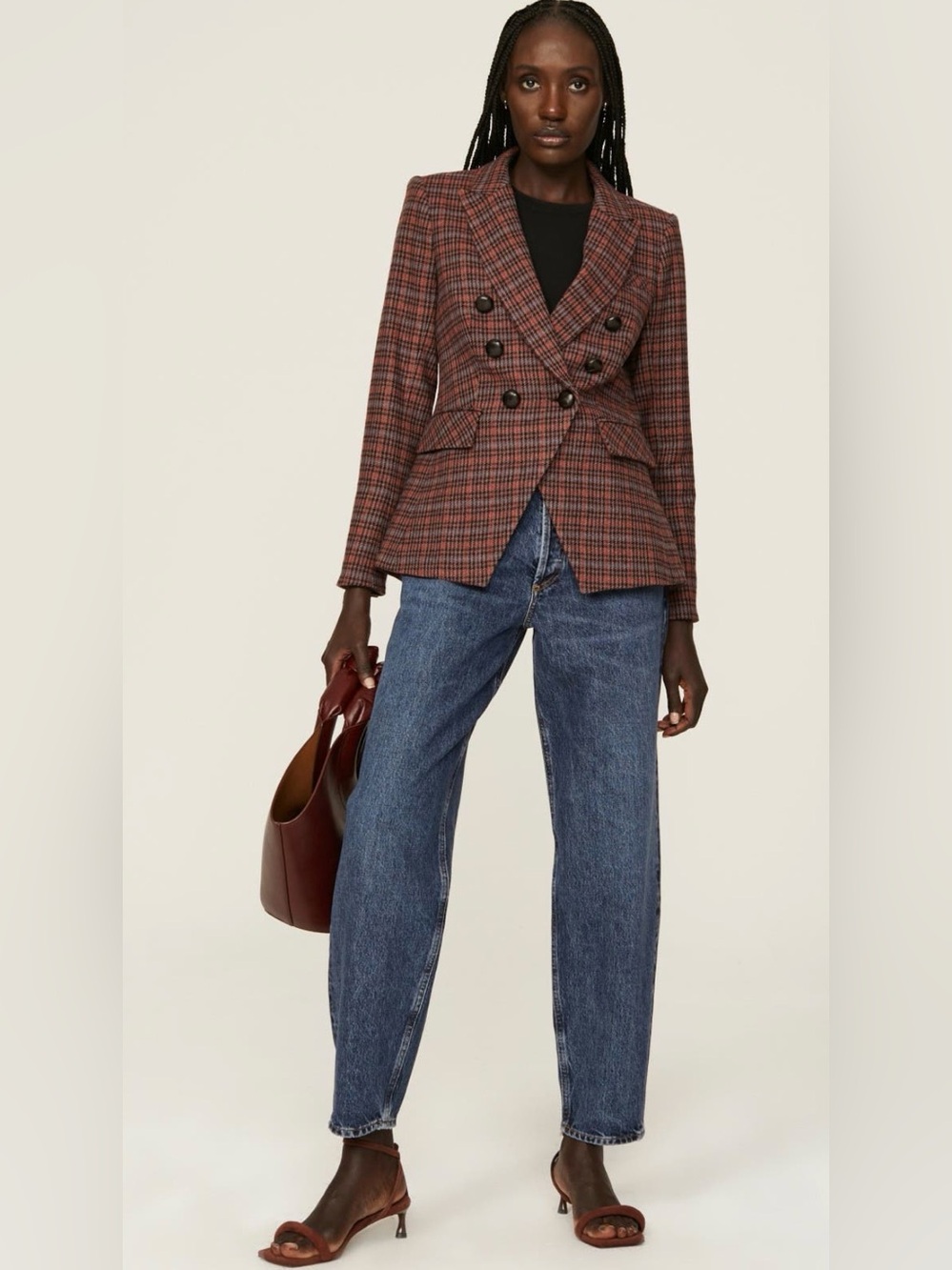 VERONICA BEARD - Red Miller Jacket - Double-Breasted Plaid Blazer, Rust & Black